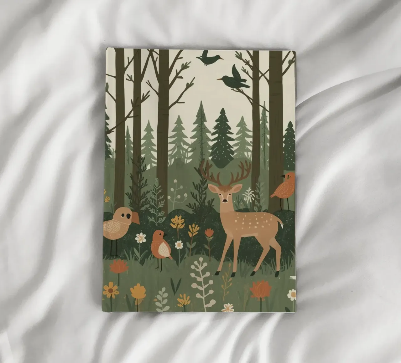un cervo, uccelli e varie piante in una foresta con alberi ad alto fusto diario da DesignDoodle