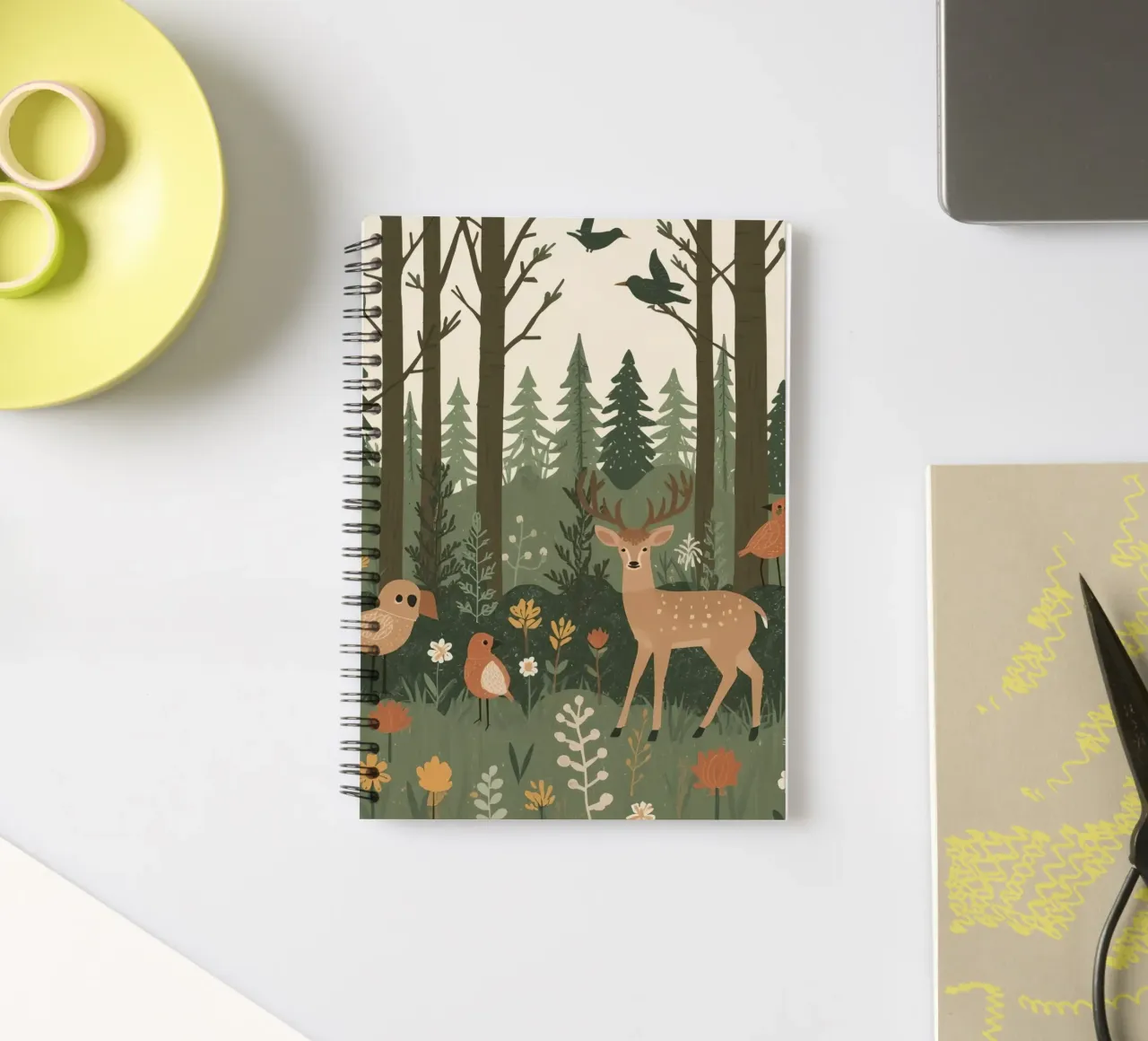 un cervo, uccelli e varie piante in una foresta con alberi ad alto fusto diario ad anelli da DesignDoodle