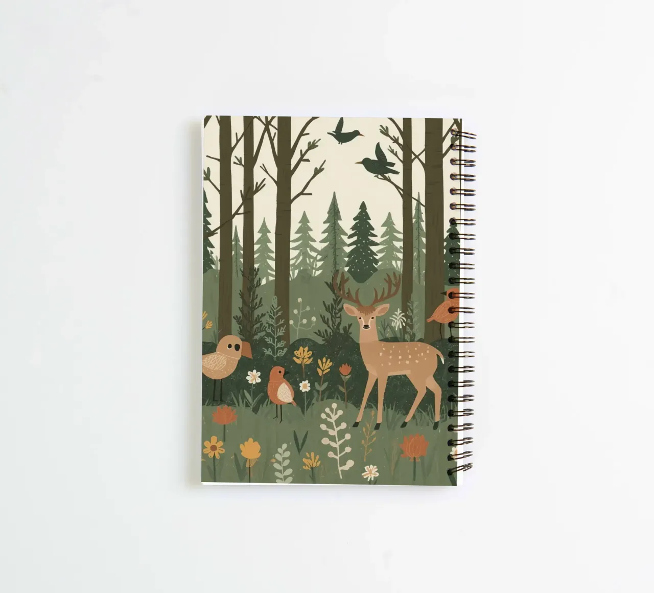 un cervo, uccelli e varie piante in una foresta con alberi ad alto fusto diario ad anelli da DesignDoodle