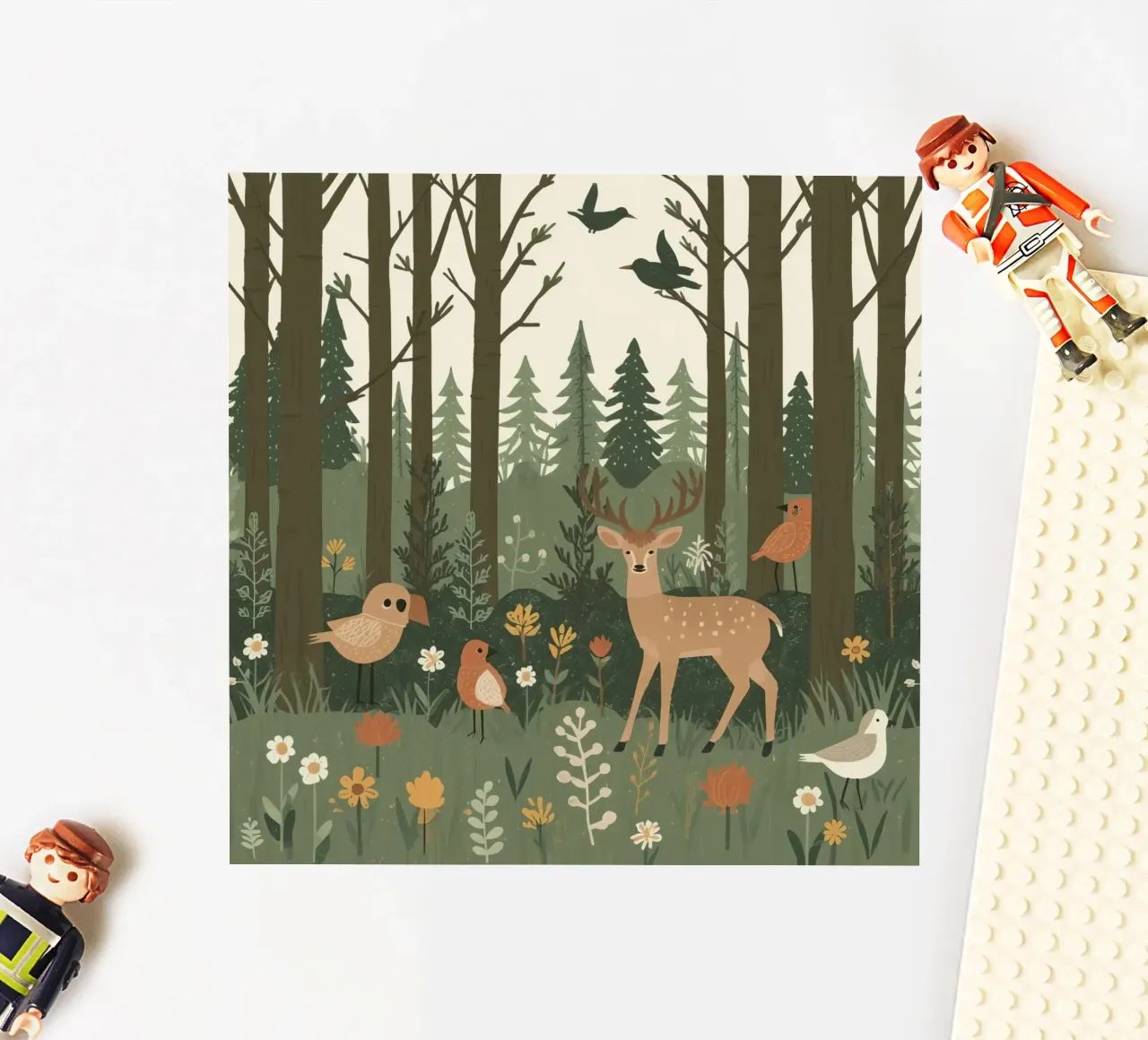 un cervo, uccelli e varie piante in una foresta con alberi ad alto fusto adesivo da DesignDoodle