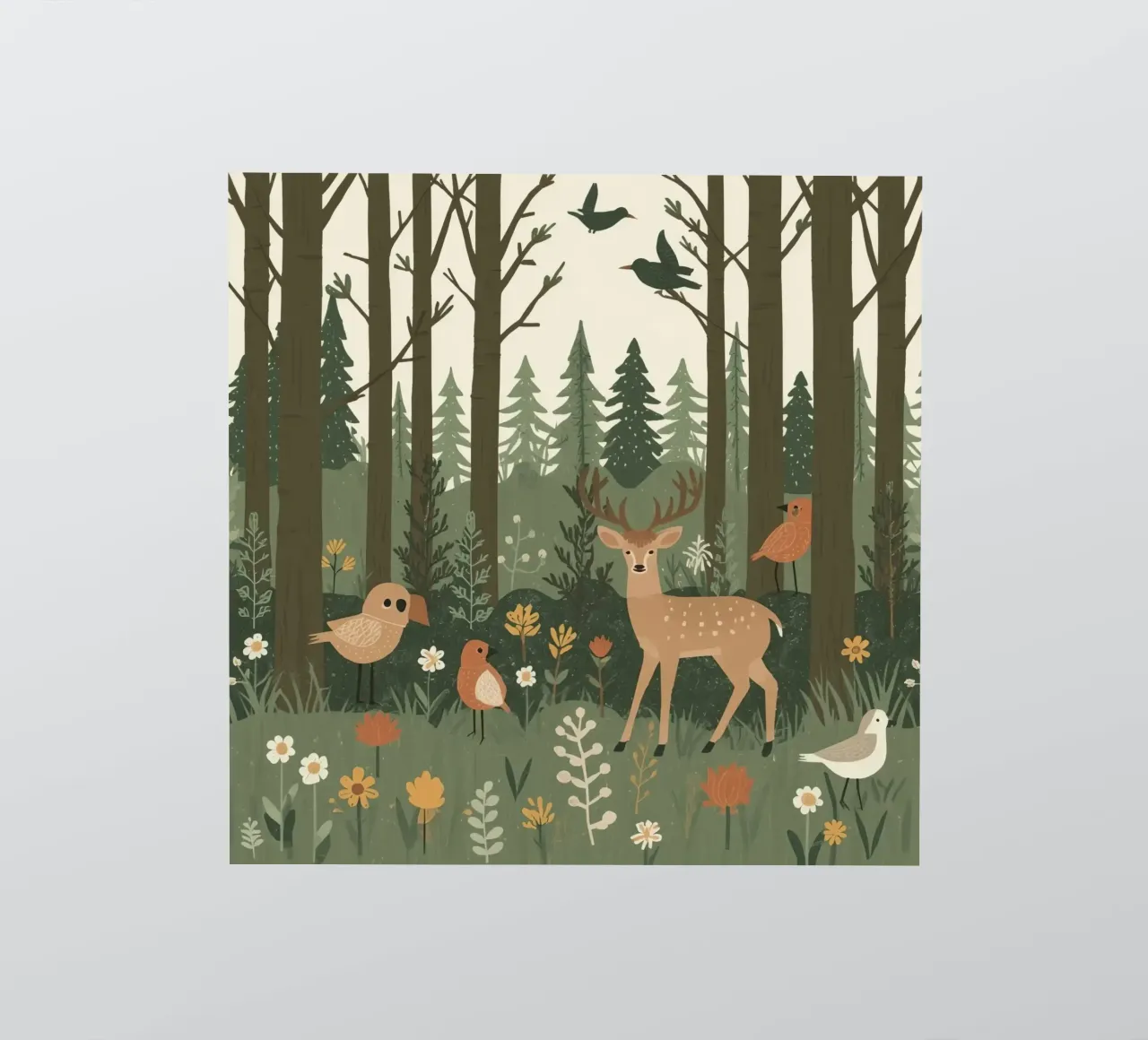 un cervo, uccelli e varie piante in una foresta con alberi ad alto fusto adesivo da DesignDoodle