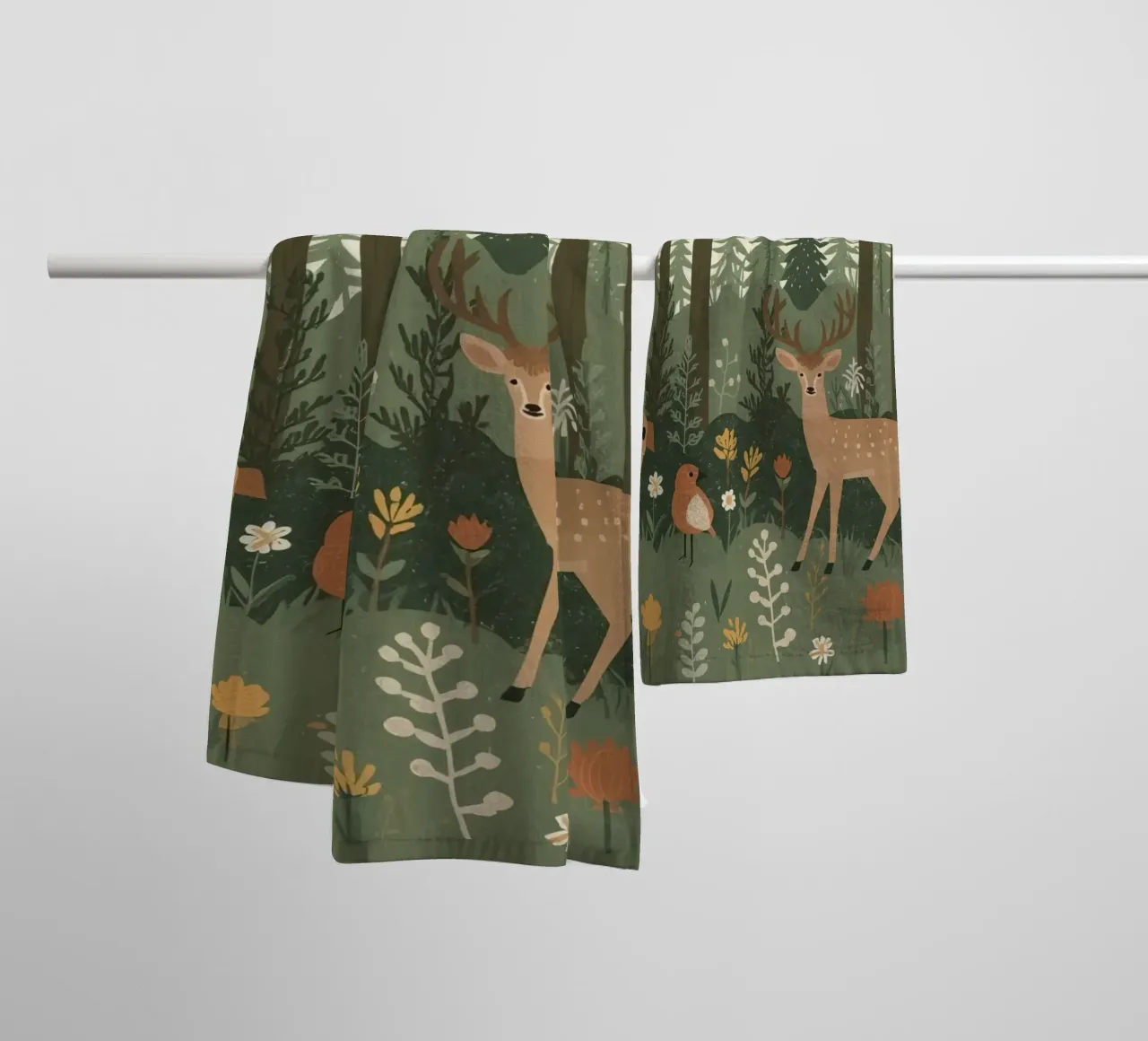 un cervo, uccelli e varie piante in una foresta con alberi ad alto fusto asciugamano da bagno da DesignDoodle