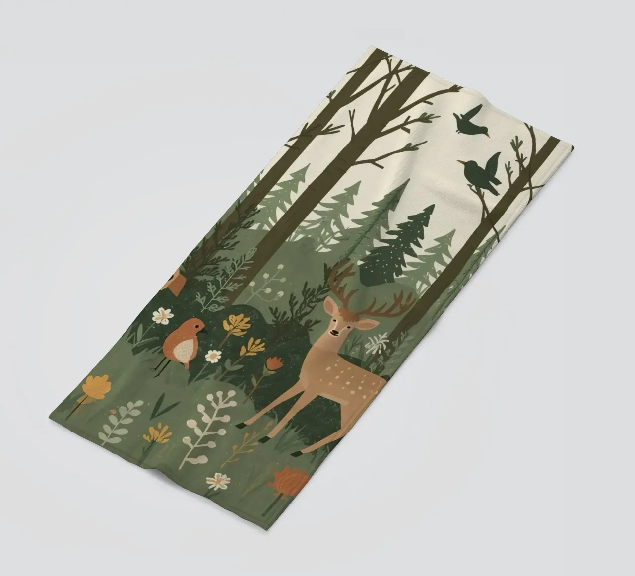 un cervo, uccelli e varie piante in una foresta con alberi ad alto fusto telo mare da DesignDoodle