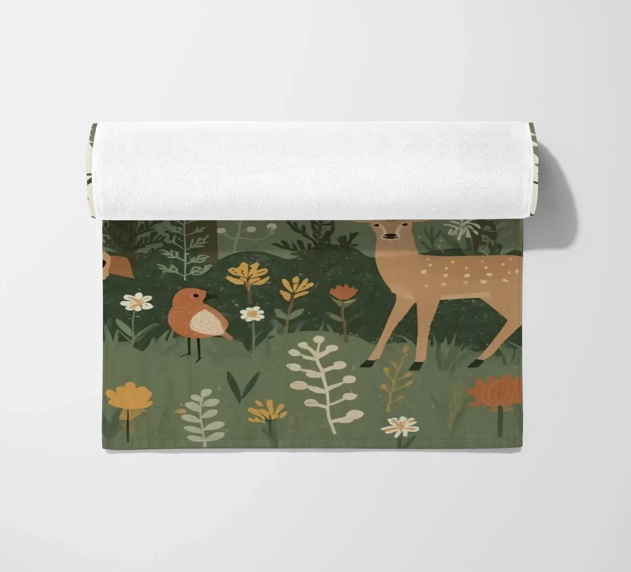 un cervo, uccelli e varie piante in una foresta con alberi ad alto fusto telo mare da DesignDoodle