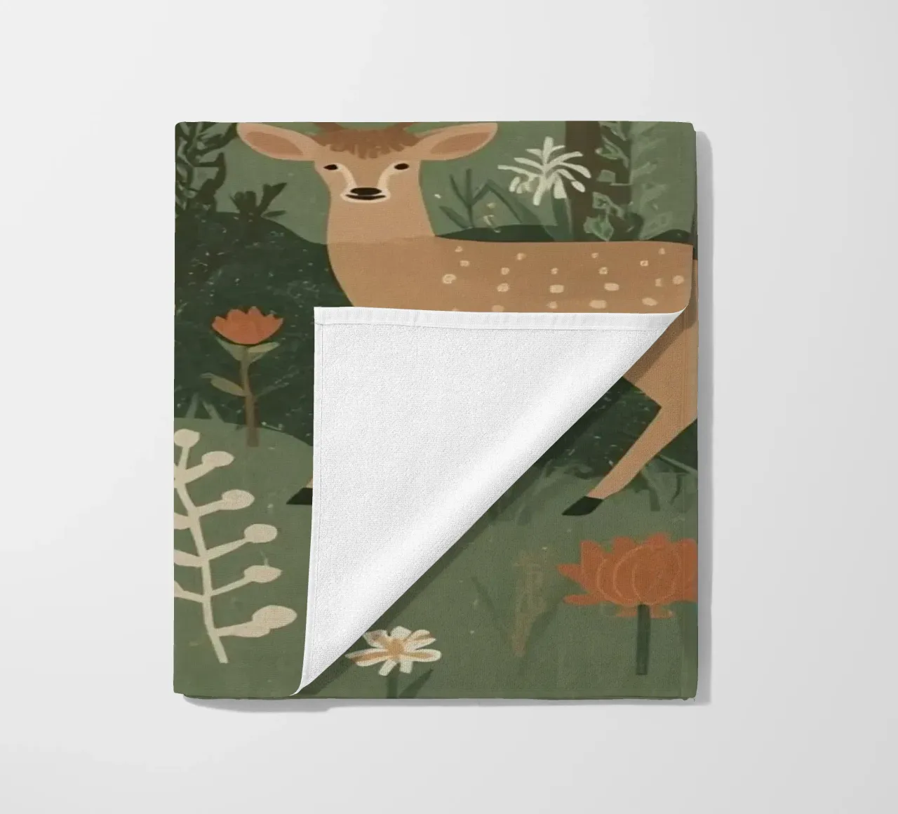 un cervo, uccelli e varie piante in una foresta con alberi ad alto fusto telo mare da DesignDoodle