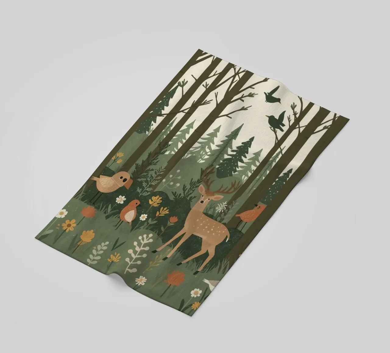 un cervo, uccelli e varie piante in una foresta con alberi ad alto fusto telo mare da DesignDoodle