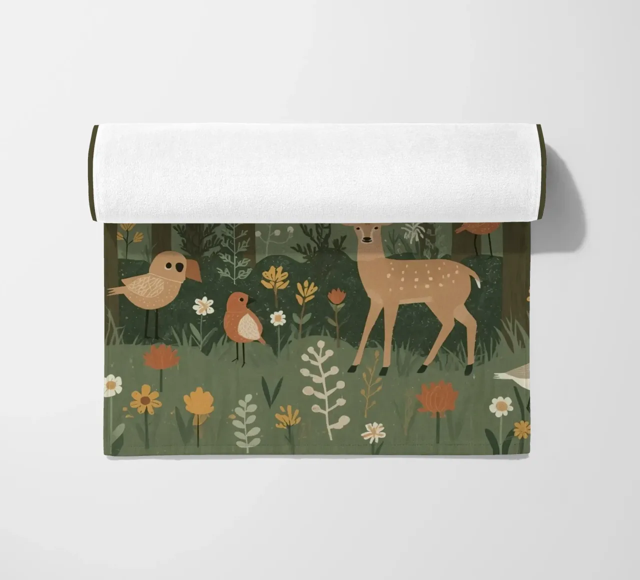 un cervo, uccelli e varie piante in una foresta con alberi ad alto fusto telo mare da DesignDoodle