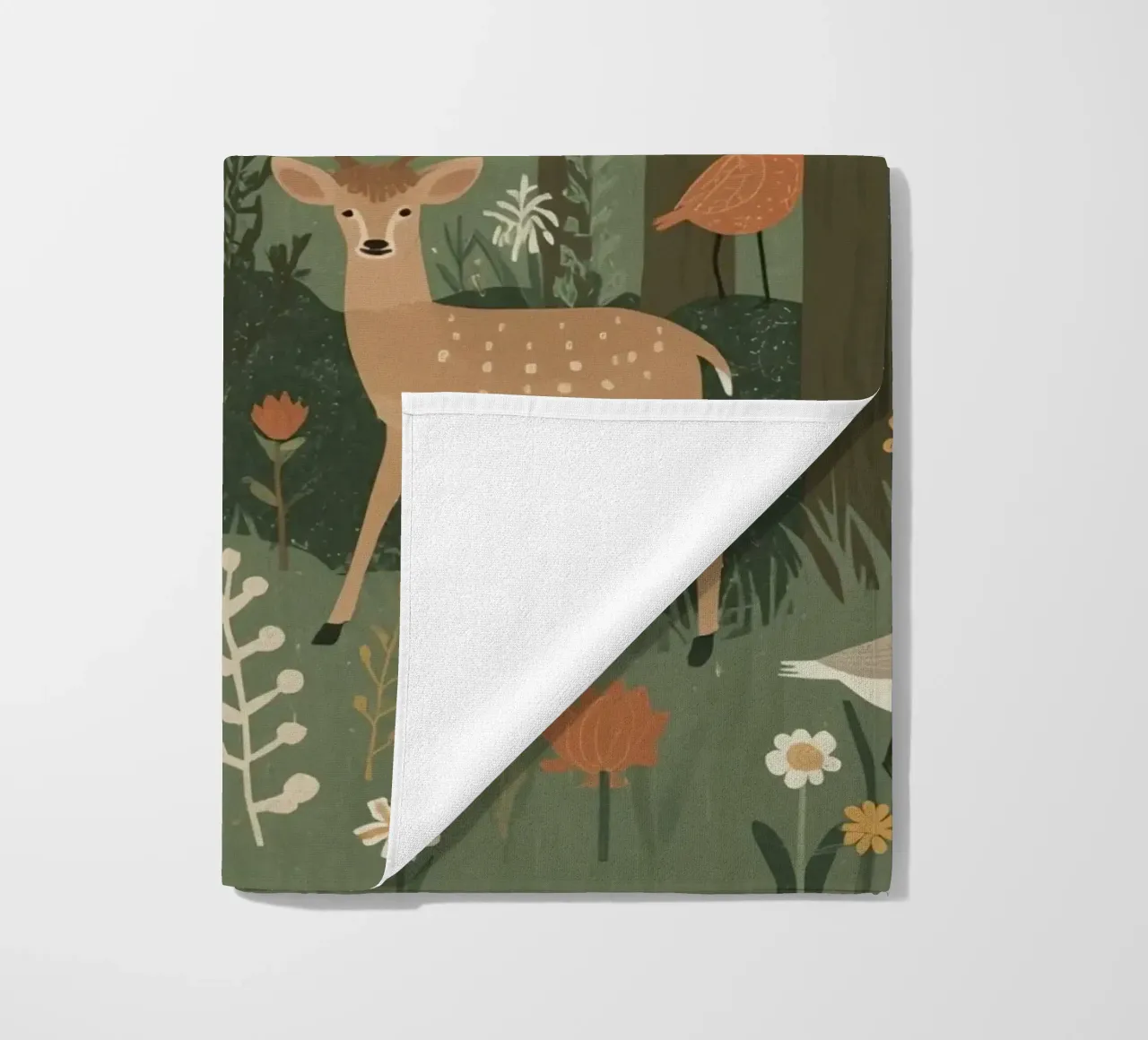 un cervo, uccelli e varie piante in una foresta con alberi ad alto fusto telo mare da DesignDoodle