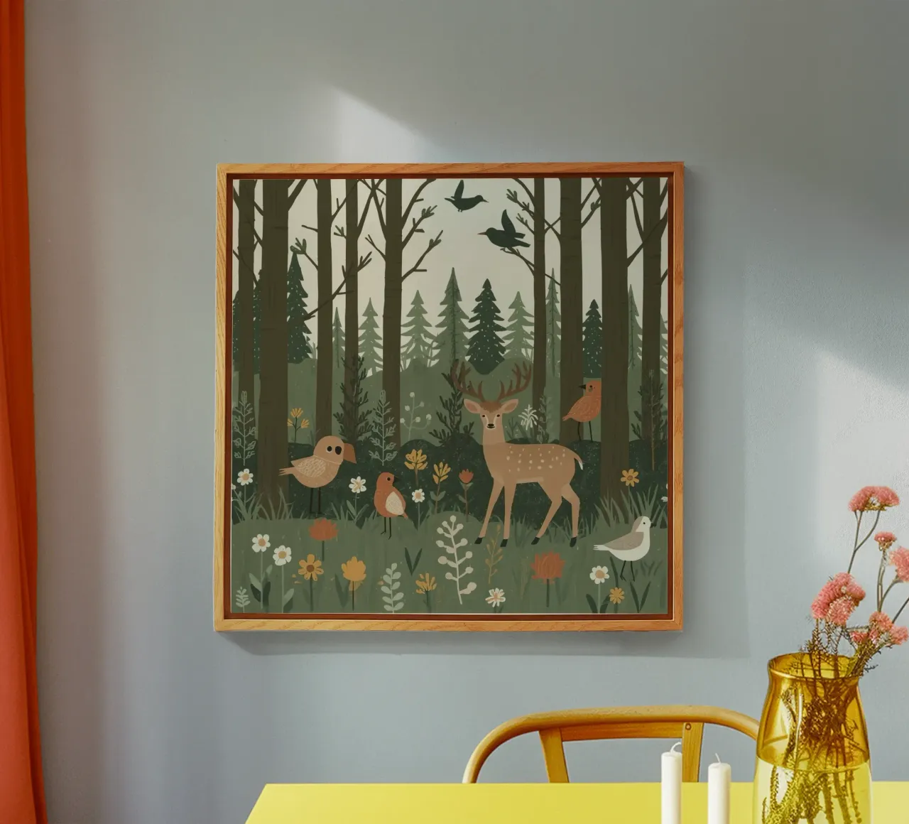 un cervo, uccelli e varie piante in una foresta con alberi ad alto fusto plexiglass da DesignDoodle