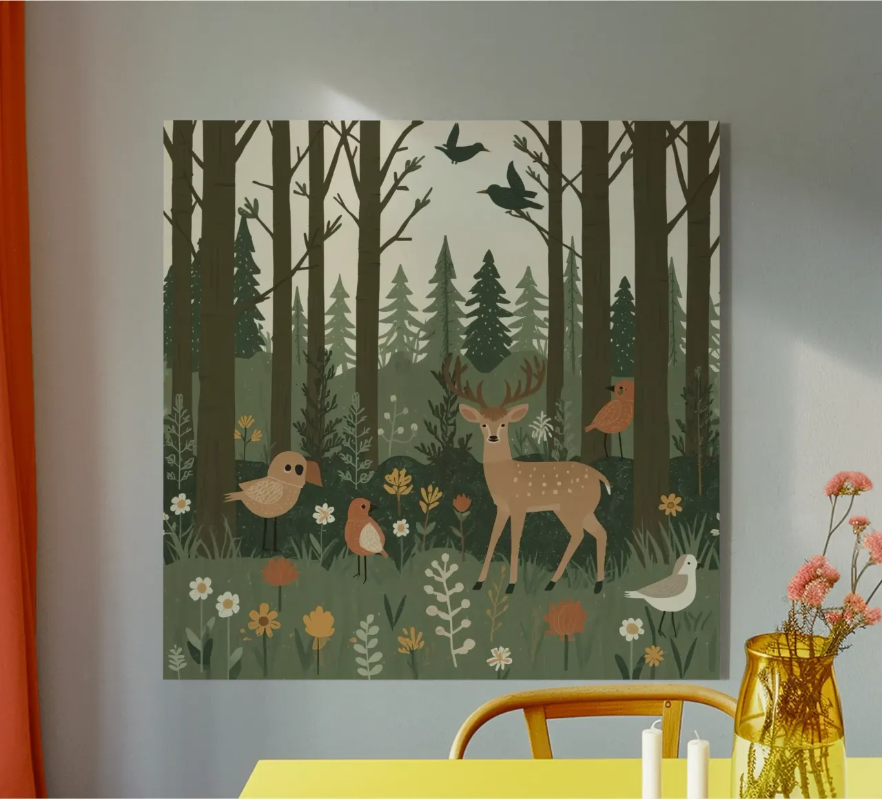 un cervo, uccelli e varie piante in una foresta con alberi ad alto fusto plexiglass da DesignDoodle