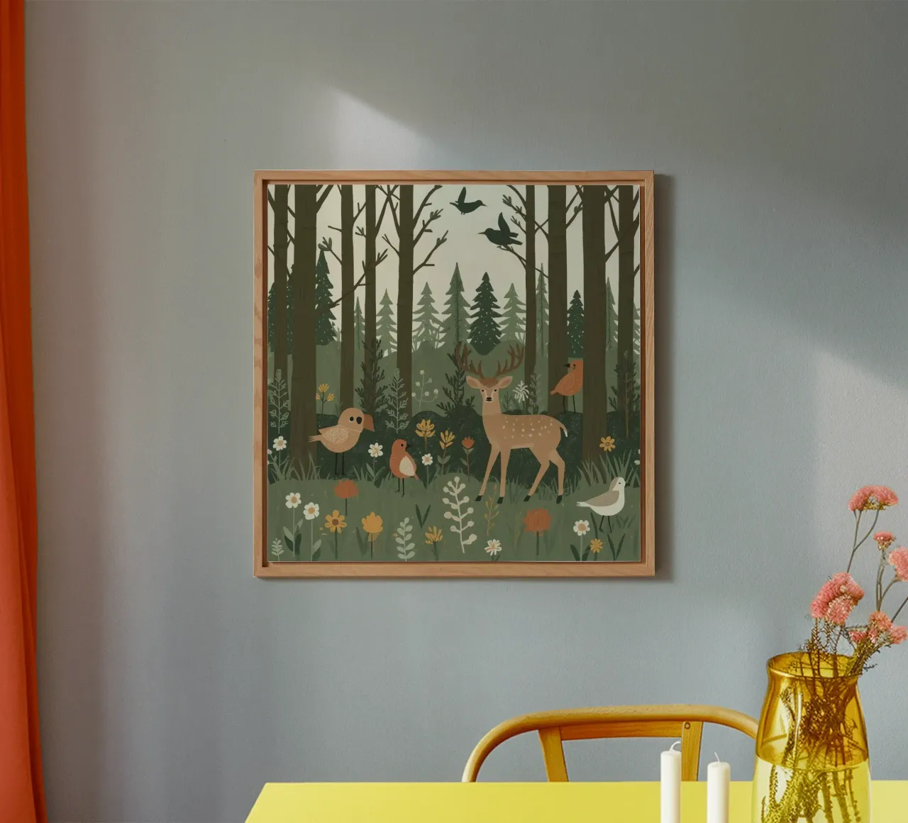 un cervo, uccelli e varie piante in una foresta con alberi ad alto fusto alluminio dibond da DesignDoodle