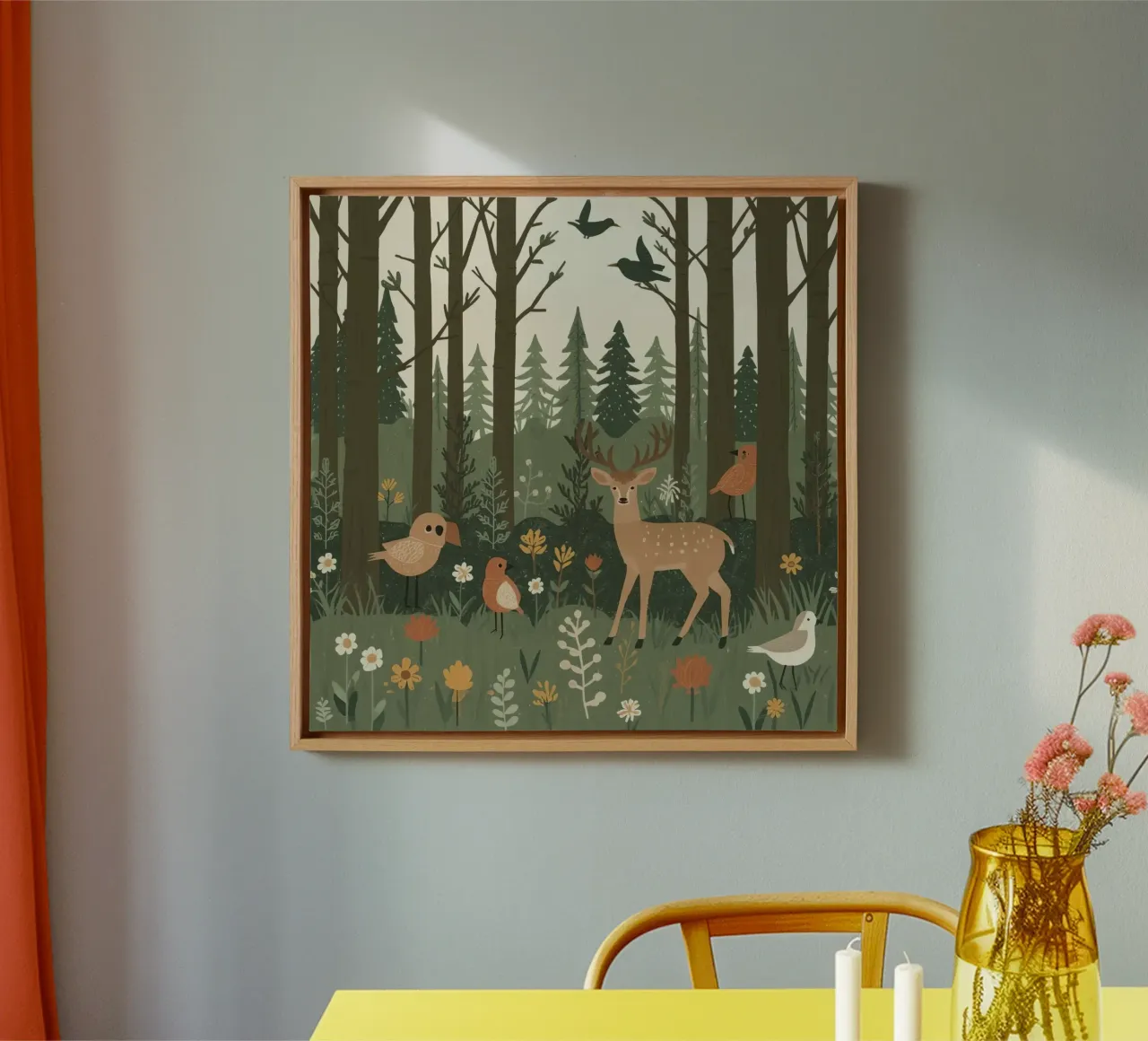 un cervo, uccelli e varie piante in una foresta con alberi ad alto fusto tela da DesignDoodle