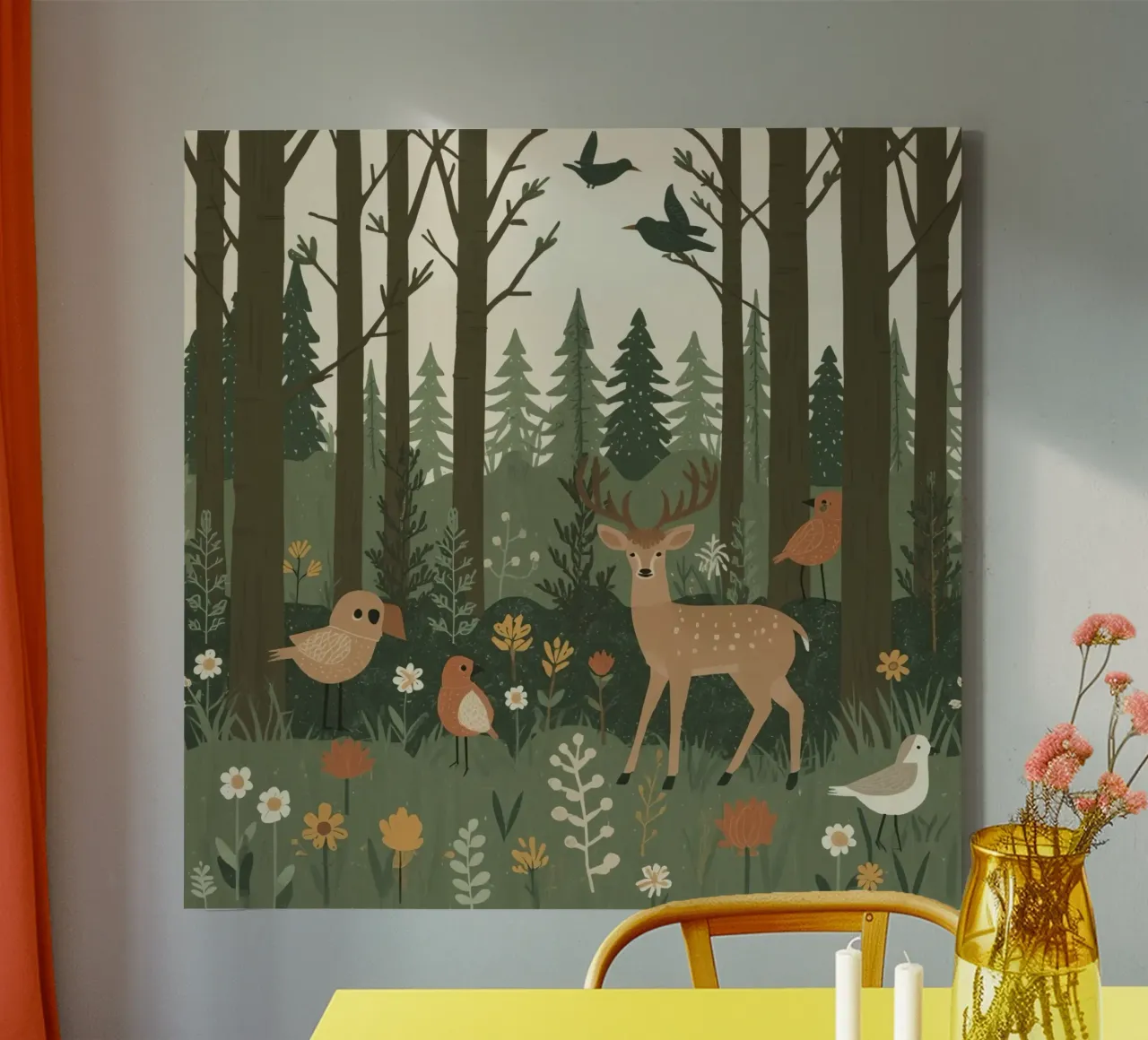 un cervo, uccelli e varie piante in una foresta con alberi ad alto fusto tela da DesignDoodle