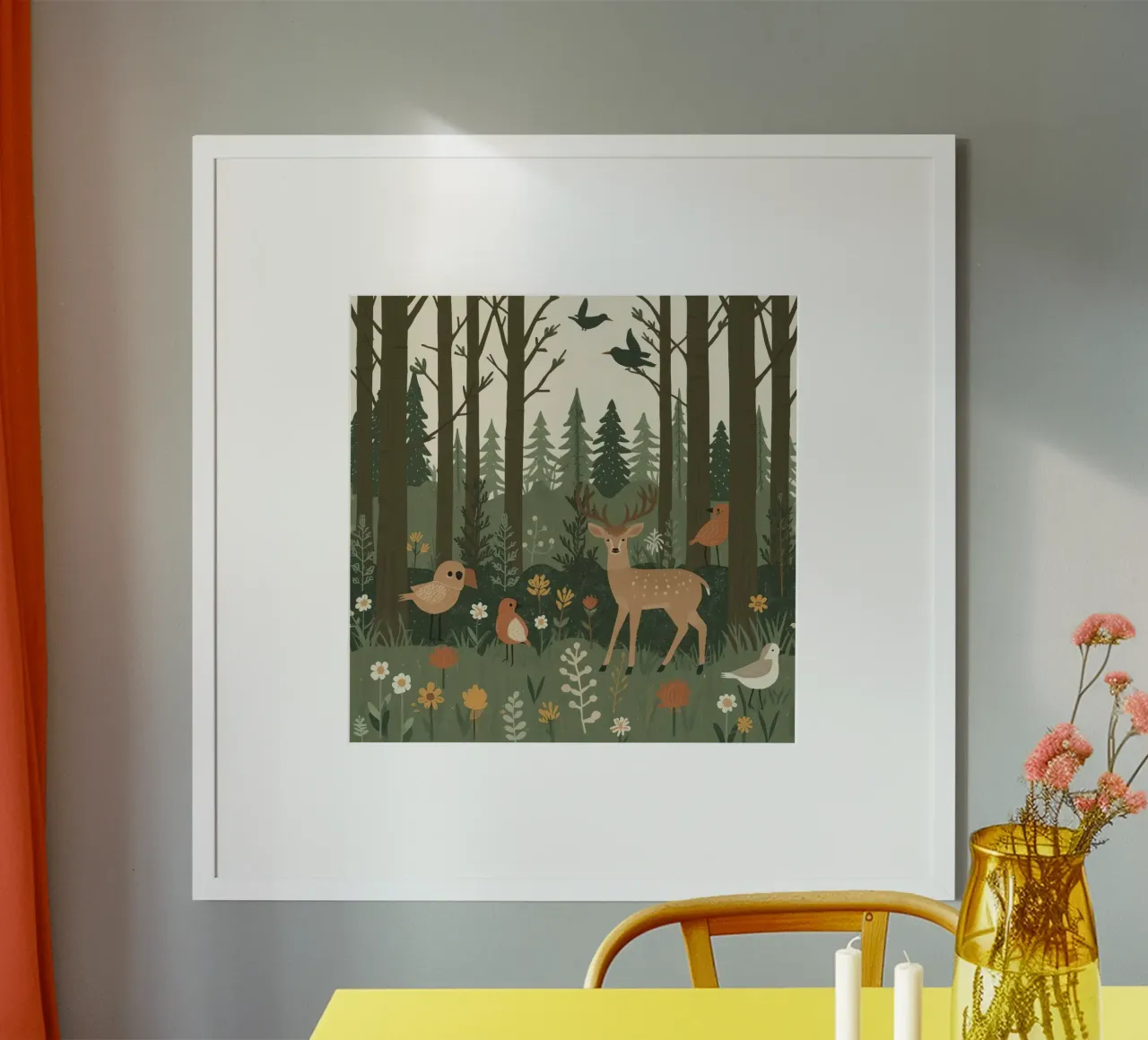 un cervo, uccelli e varie piante in una foresta con alberi ad alto fusto carta hahnemühle da DesignDoodle