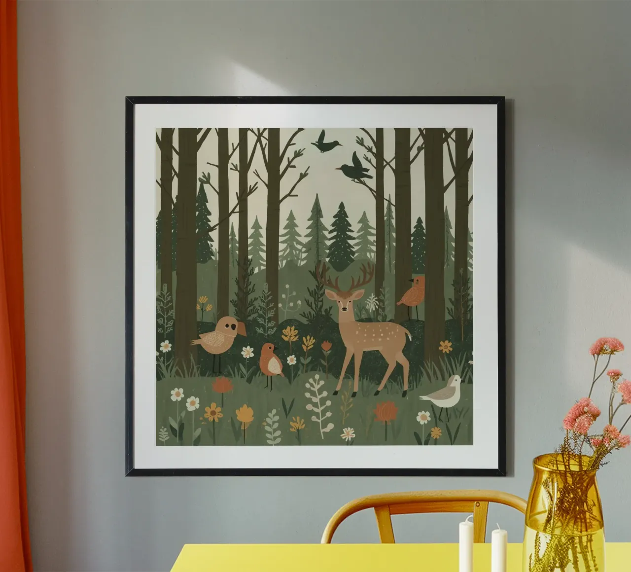 un cervo, uccelli e varie piante in una foresta con alberi ad alto fusto carta hahnemühle da DesignDoodle