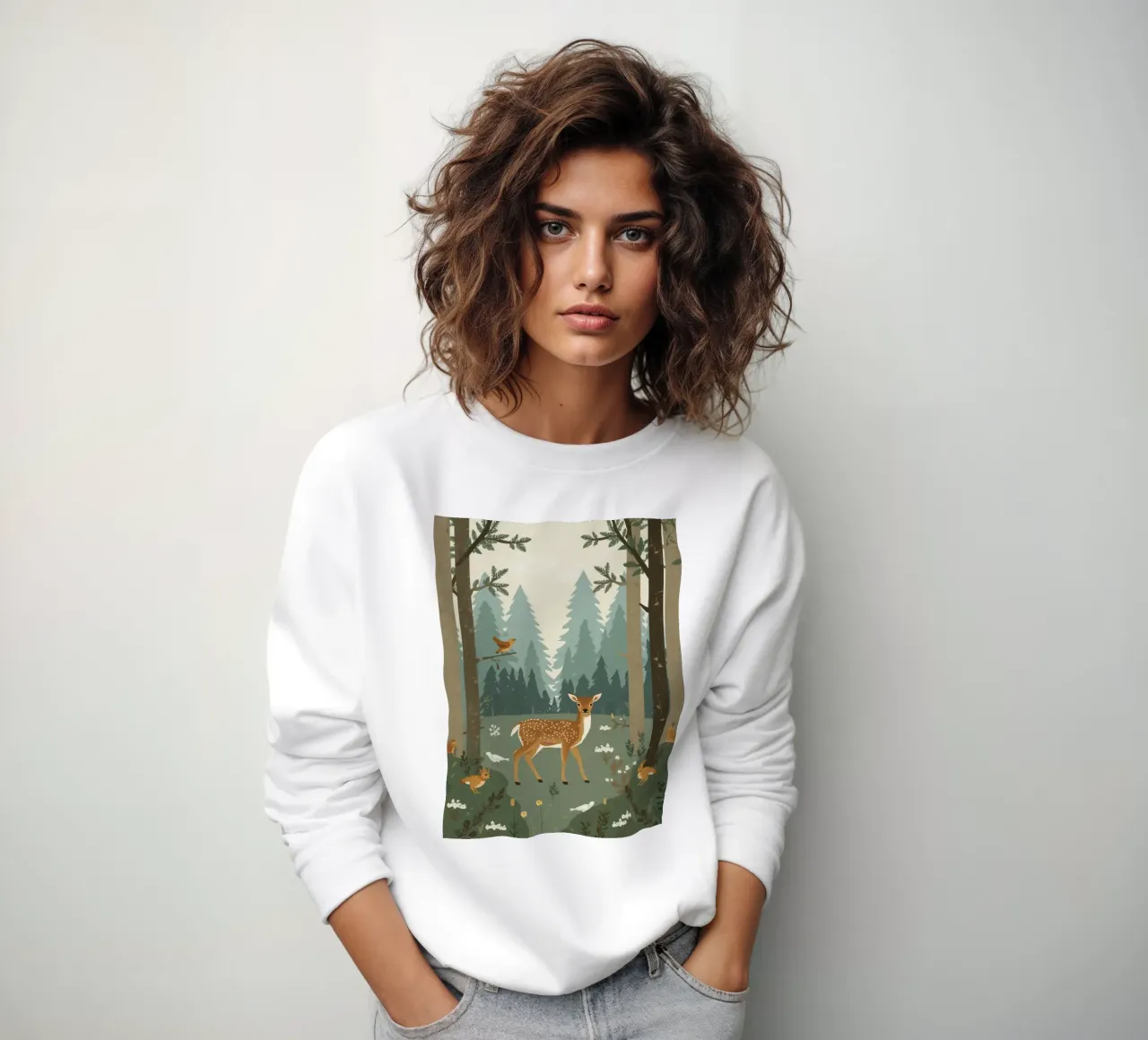 cerf entouré d'oiseaux et de lapins dans une forêt sweat de DesignDoodle