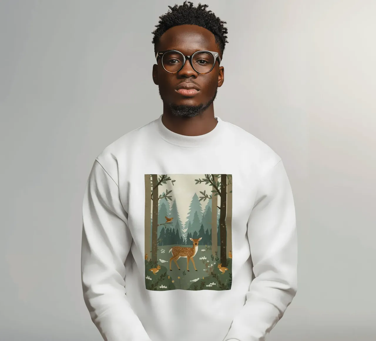 cerf entouré d'oiseaux et de lapins dans une forêt sweat de DesignDoodle
