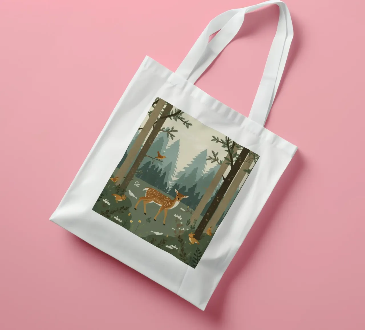 deer surrounded by birds and rabbits in forest tote bag by DesignDoodle