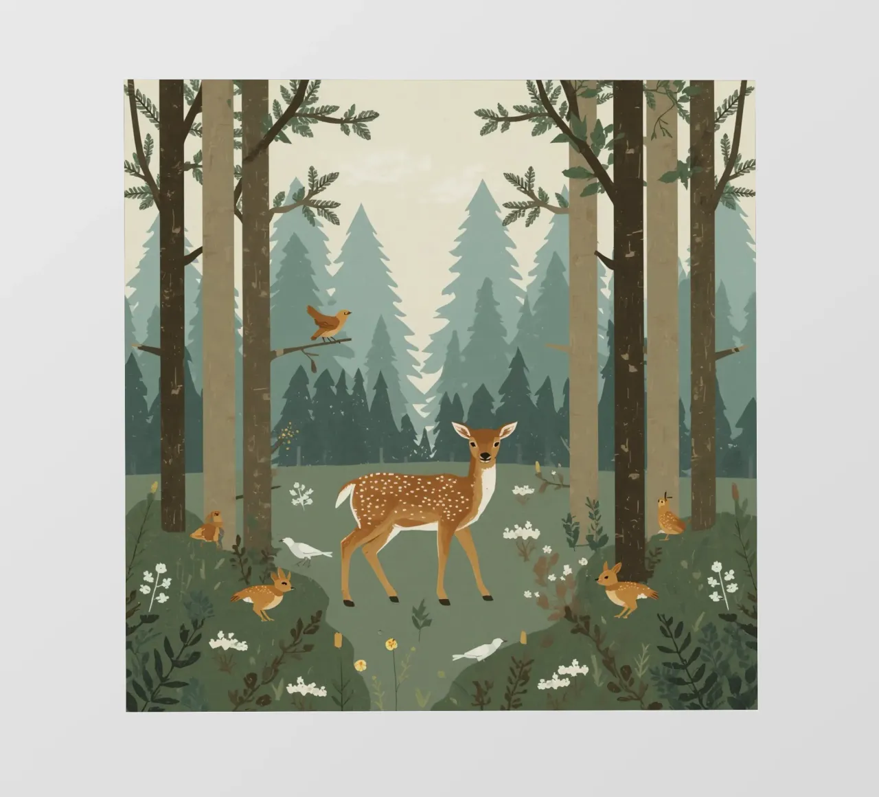 cervo circondato da uccelli e conigli nella foresta telo in pvc da DesignDoodle