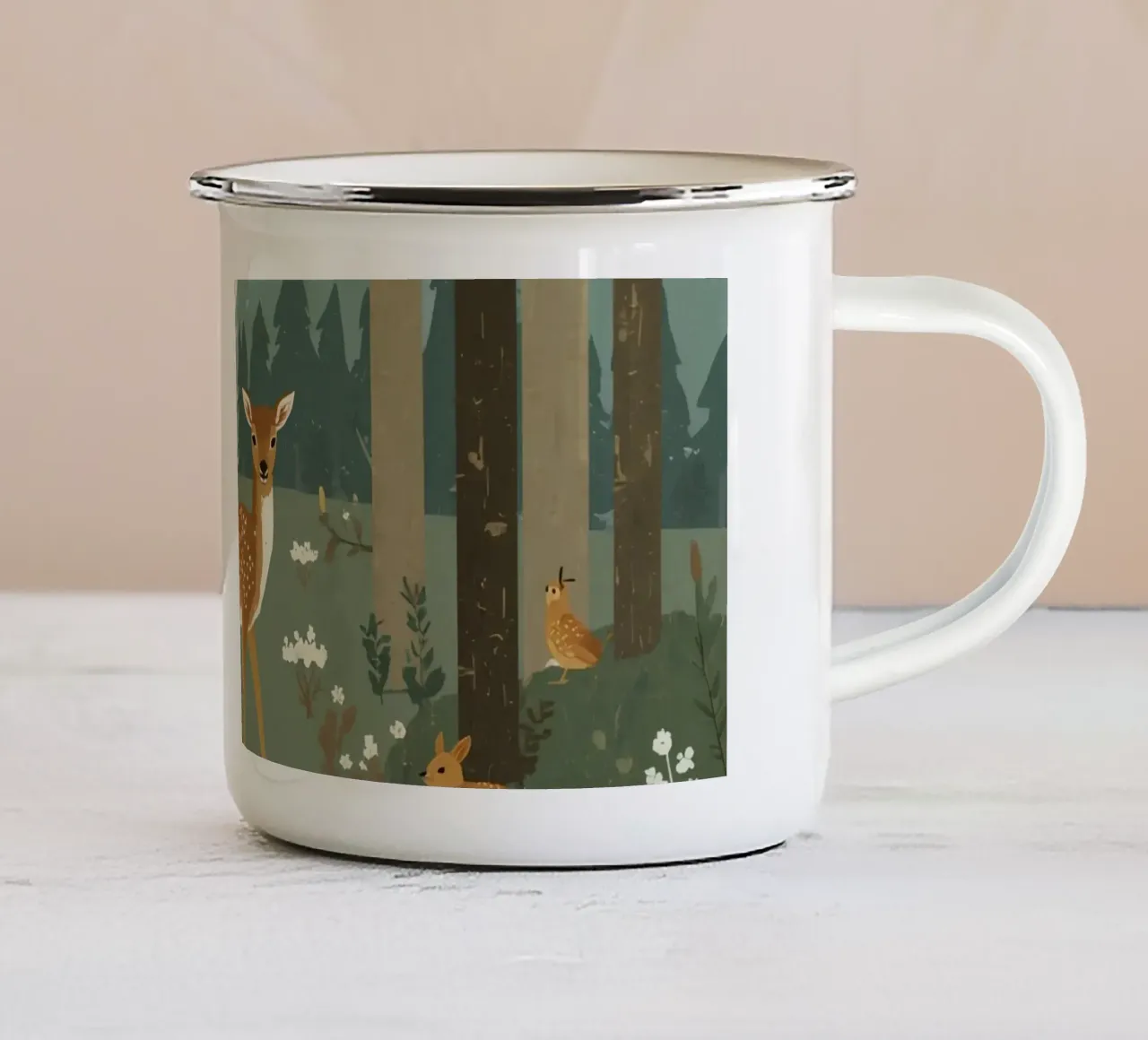 cerf entouré d'oiseaux et de lapins dans une forêt mug en émail de DesignDoodle