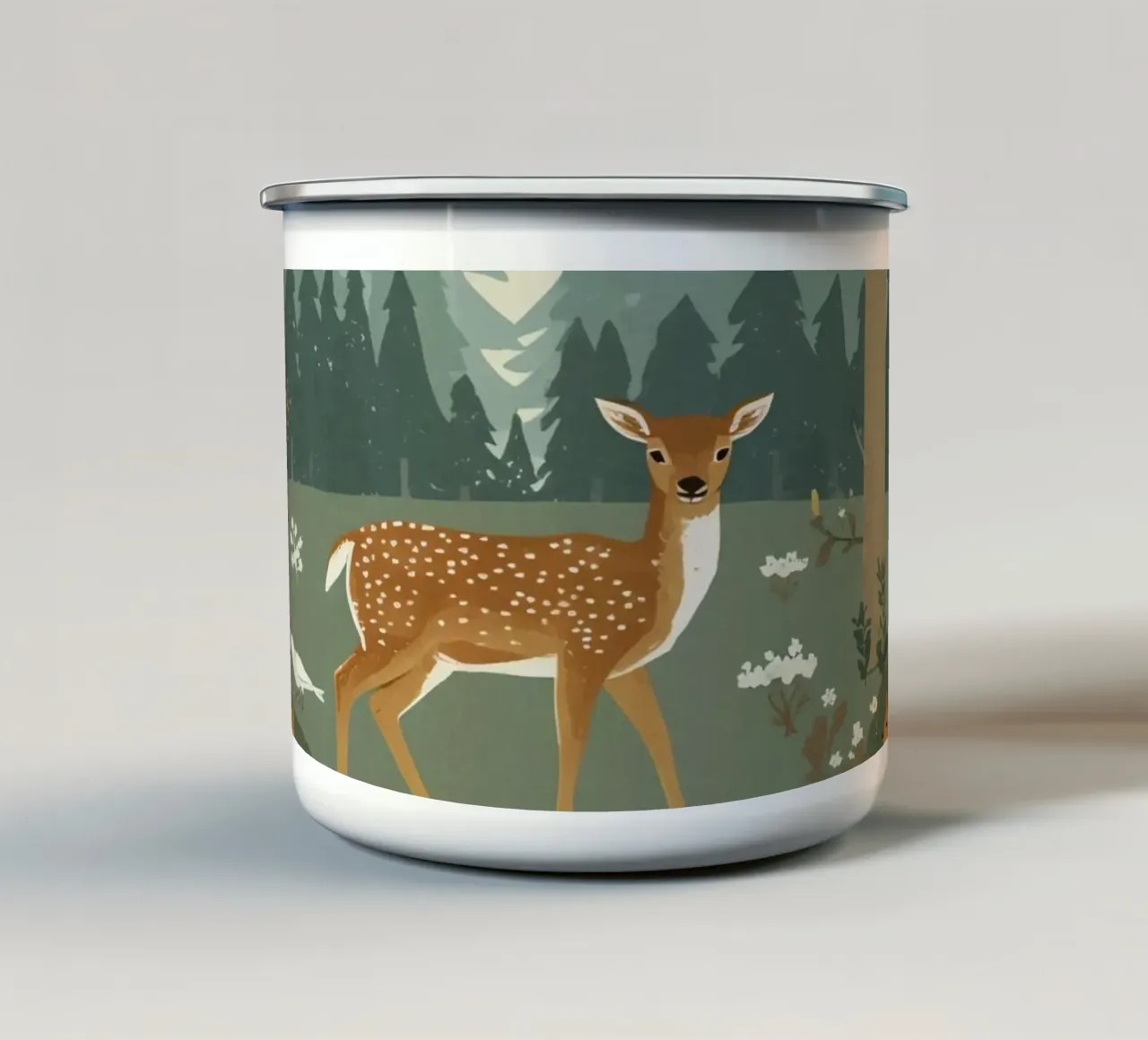 cerf entouré d'oiseaux et de lapins dans une forêt mug en émail de DesignDoodle