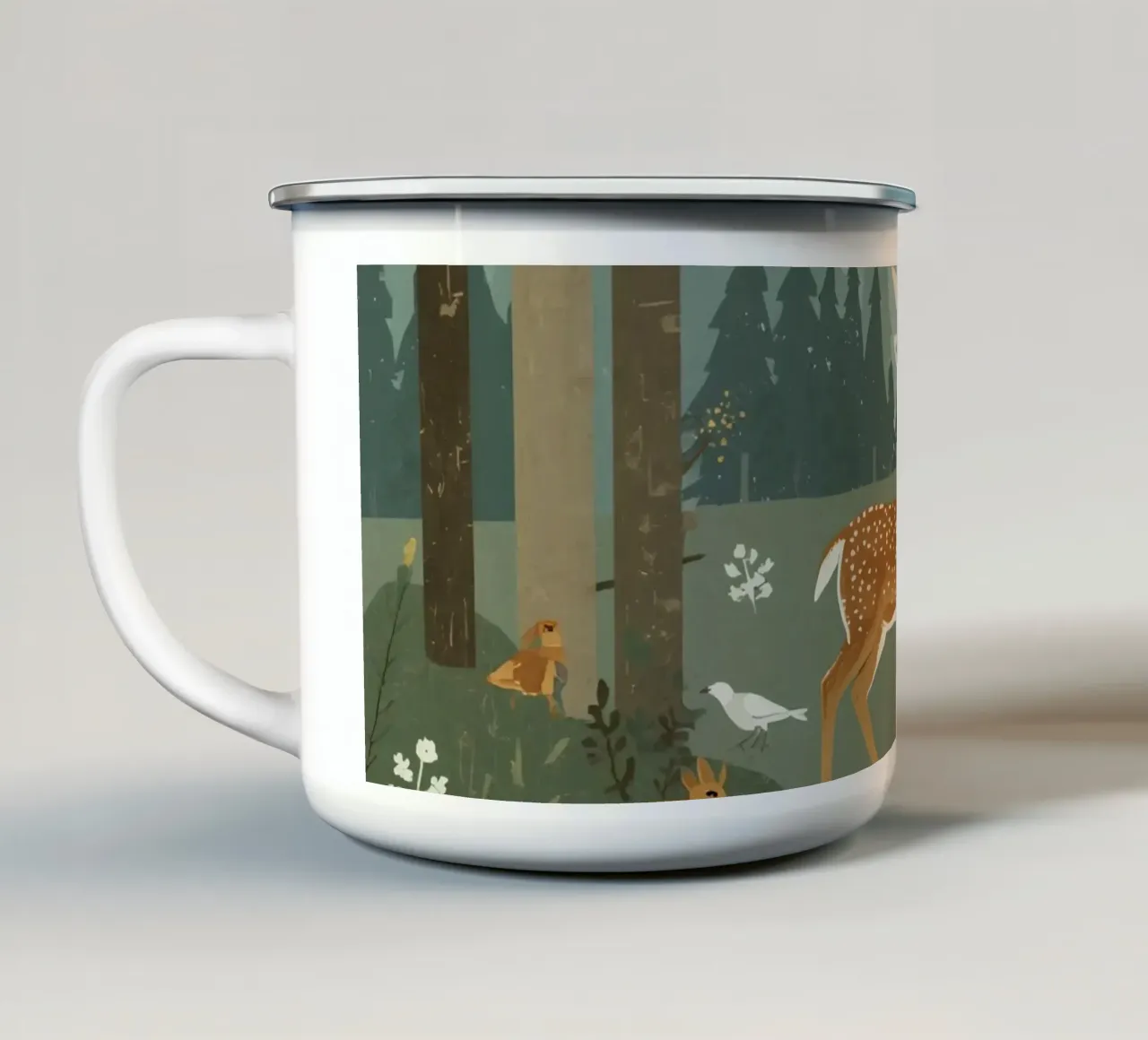 cerf entouré d'oiseaux et de lapins dans une forêt mug en émail de DesignDoodle