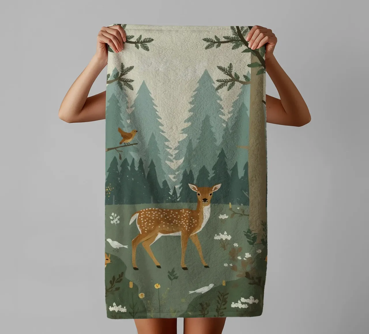 cerf entouré d'oiseaux et de lapins dans une forêt serviette de bain de DesignDoodle