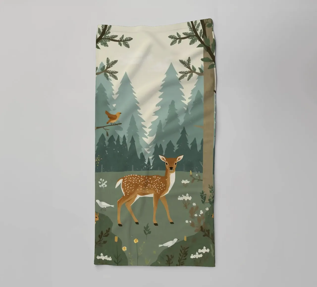 cerf entouré d'oiseaux et de lapins dans une forêt serviette de bain de DesignDoodle
