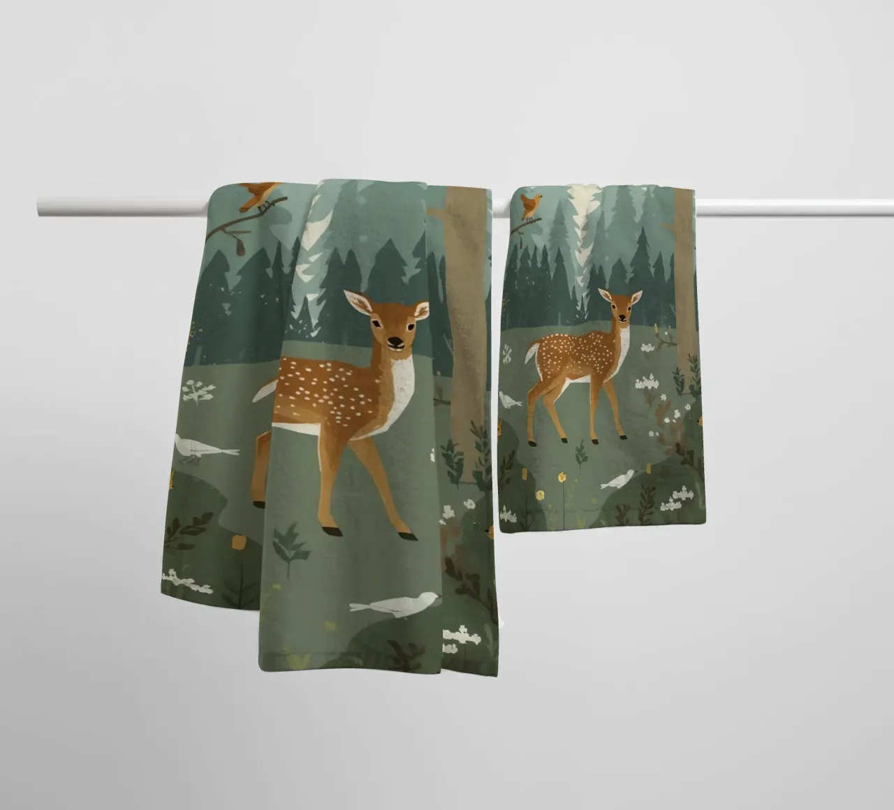 cerf entouré d'oiseaux et de lapins dans une forêt serviette de bain de DesignDoodle
