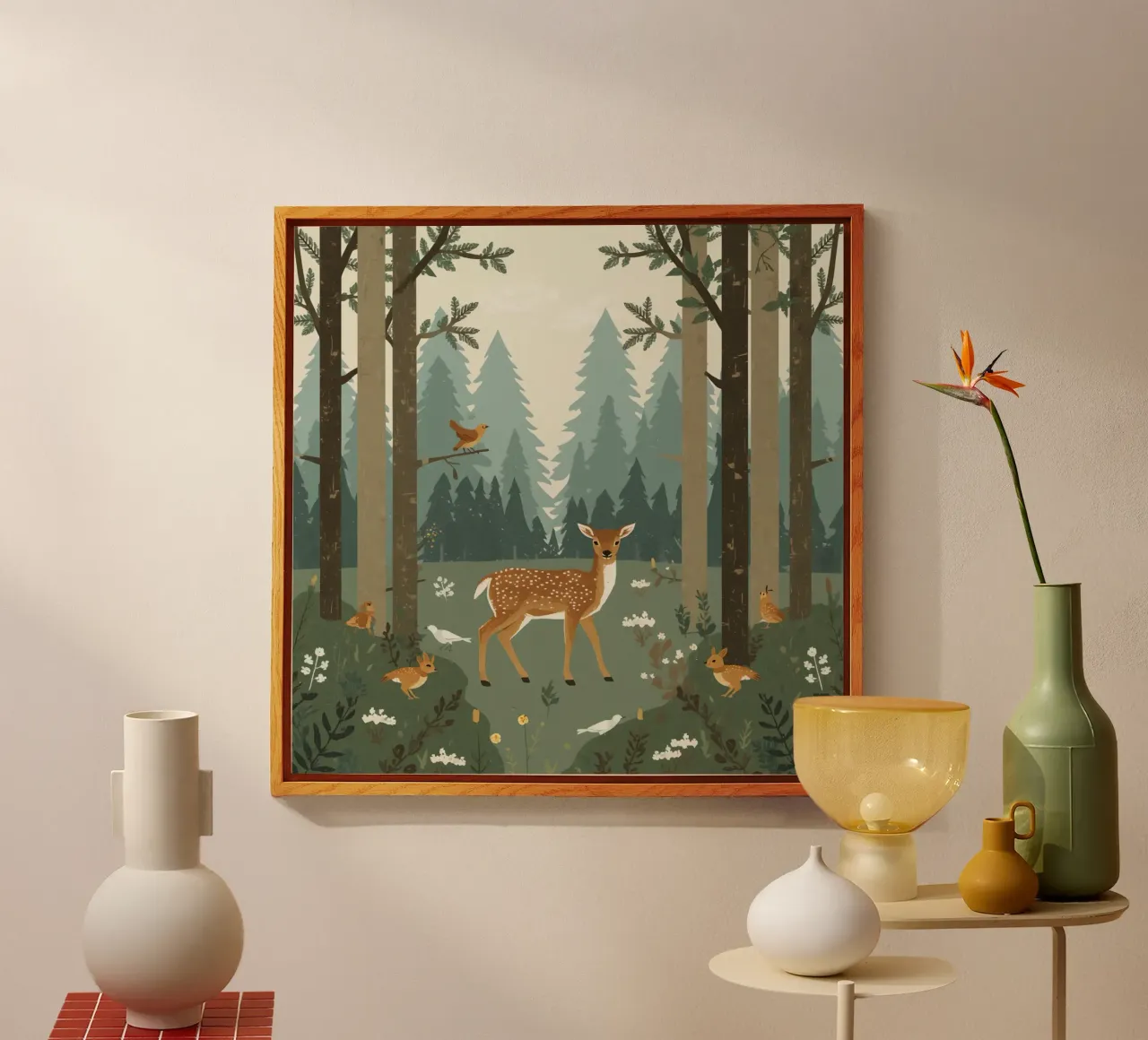 cervo circondato da uccelli e conigli nella foresta plexiglass da DesignDoodle