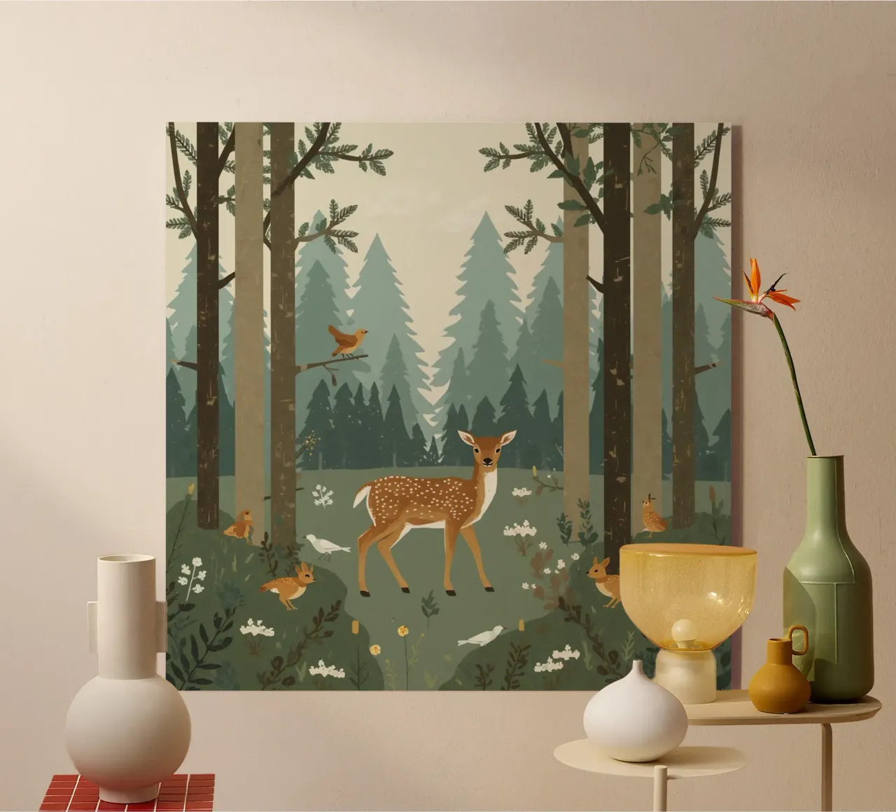 cervo circondato da uccelli e conigli nella foresta plexiglass da DesignDoodle