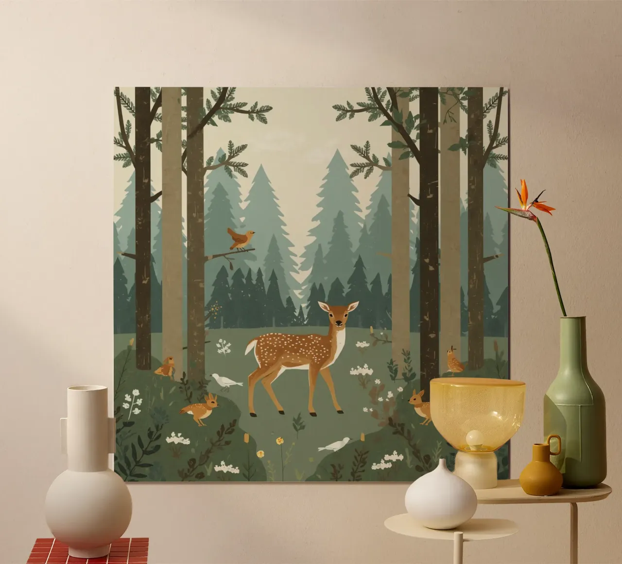 cervo circondato da uccelli e conigli nella foresta poster da DesignDoodle