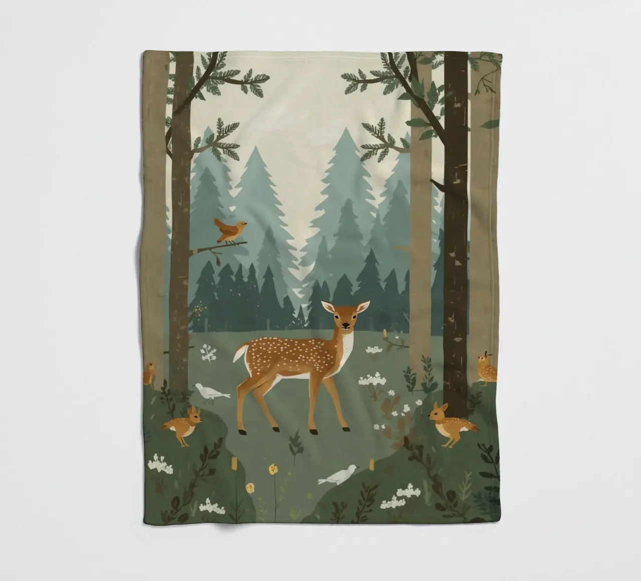 cervo circondato da uccelli e conigli nella foresta coperta in pile da DesignDoodle