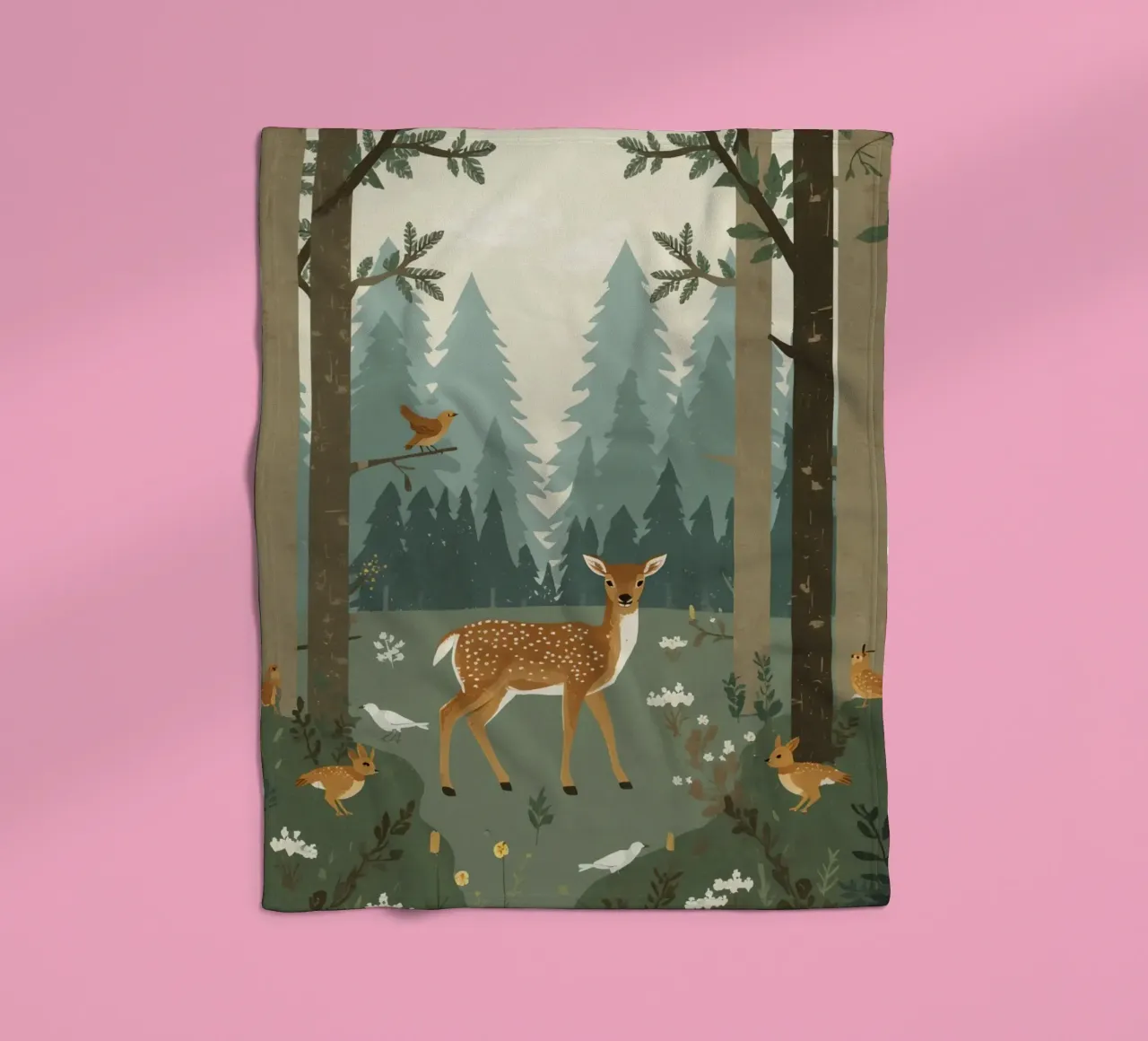cervo circondato da uccelli e conigli nella foresta coperta in pile da DesignDoodle