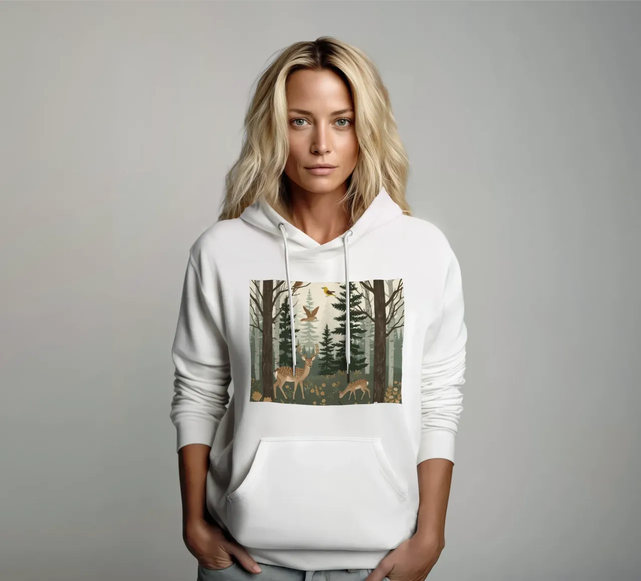 Raffigurazione di due cervi con uccelli in volo in una foresta felpa con cappuccio da DesignDoodle