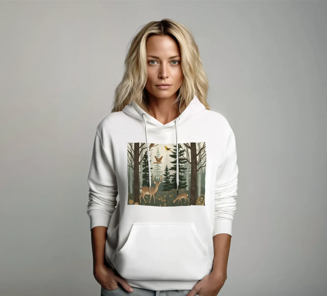 Raffigurazione di due cervi con uccelli in volo in una foresta felpa con cappuccio da DesignDoodle