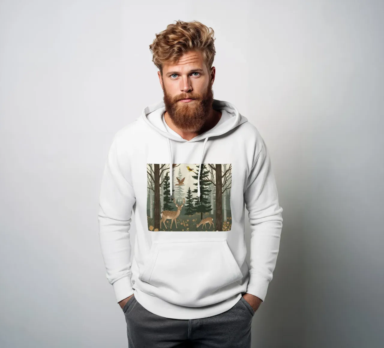 Raffigurazione di due cervi con uccelli in volo in una foresta felpa con cappuccio da DesignDoodle