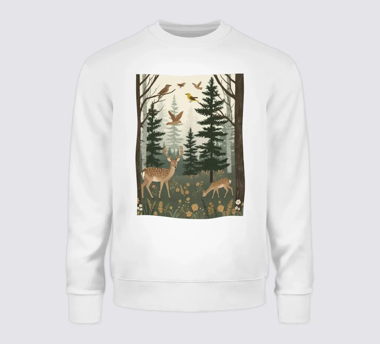 Depiction of two deer with birds flying in a forest sweatshirt by DesignDoodle