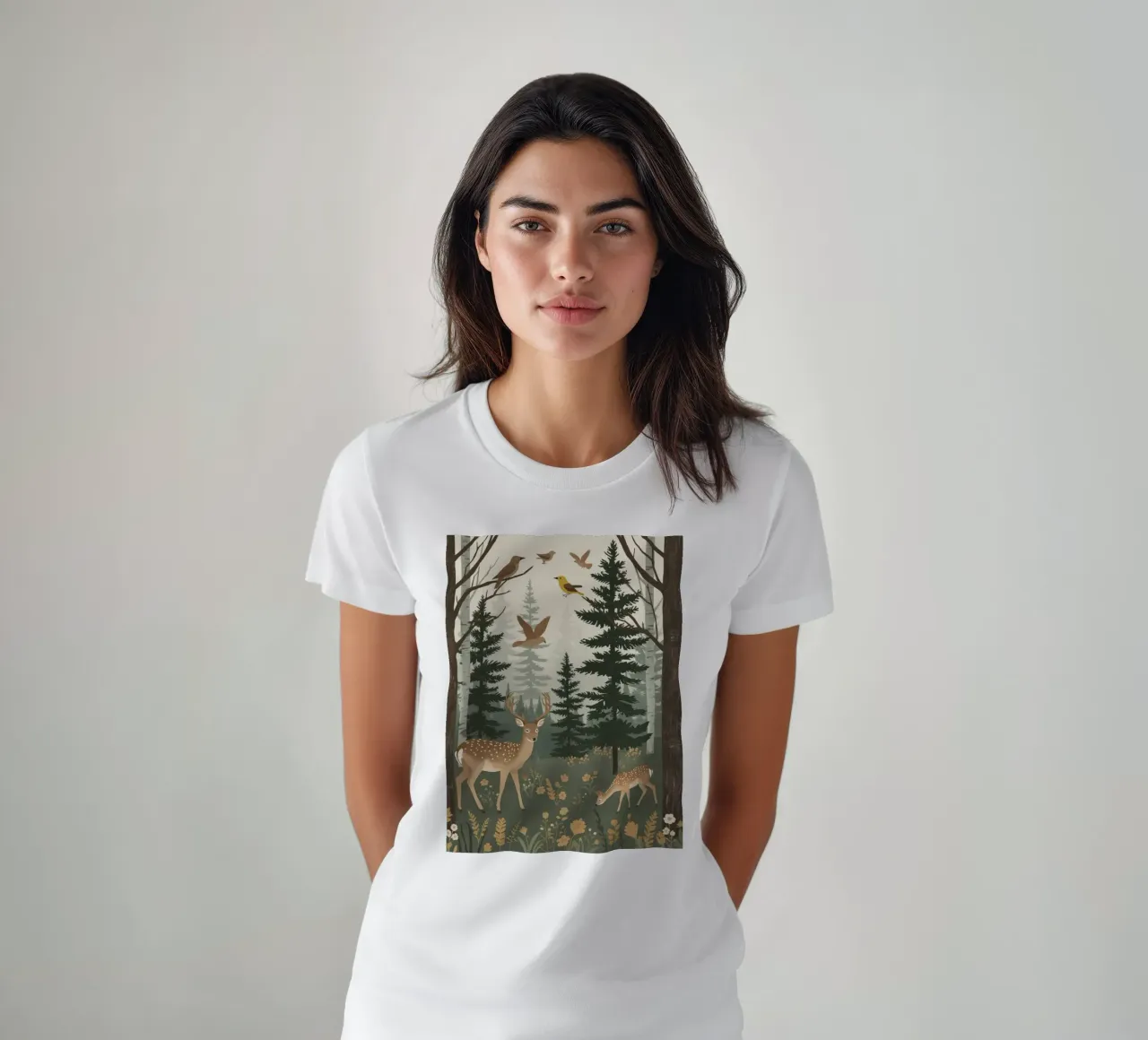 Raffigurazione di due cervi con uccelli in volo in una foresta t-shirt da DesignDoodle