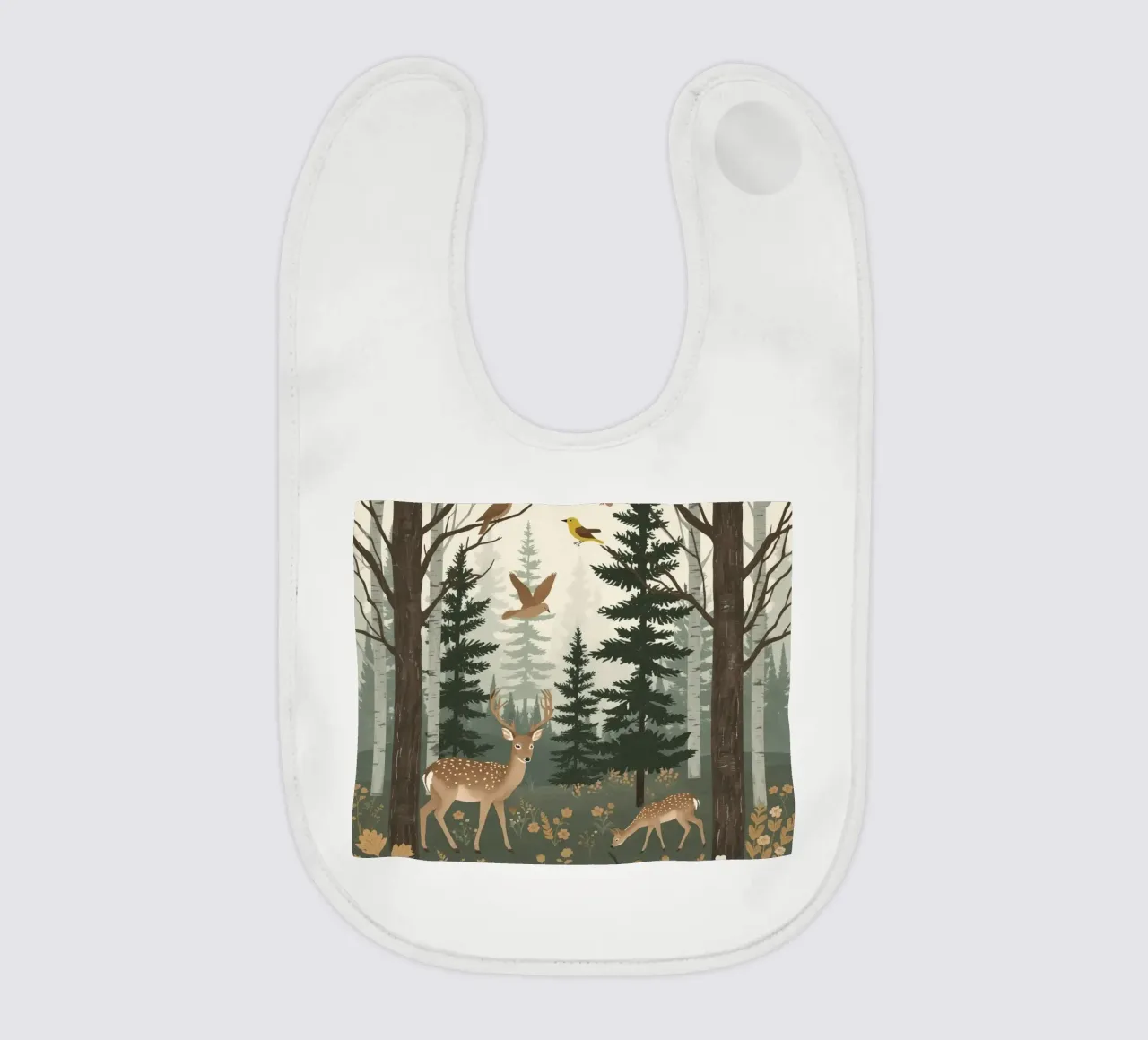Raffigurazione di due cervi con uccelli in volo in una foresta bavaglino da DesignDoodle