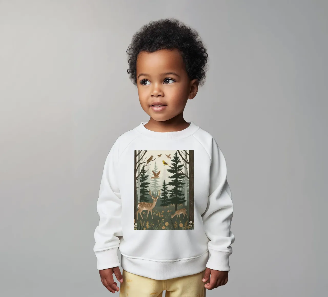 Raffigurazione di due cervi con uccelli in volo in una foresta felpa neonato da DesignDoodle