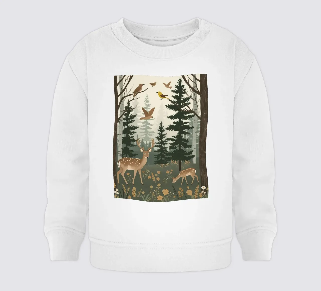 Raffigurazione di due cervi con uccelli in volo in una foresta felpa neonato da DesignDoodle