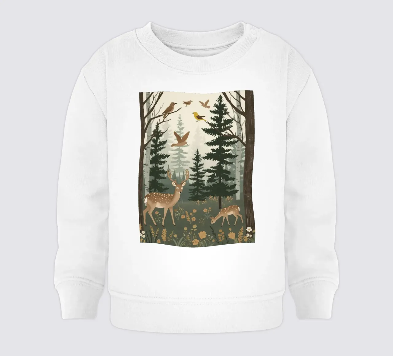 Raffigurazione di due cervi con uccelli in volo in una foresta felpa neonato da DesignDoodle