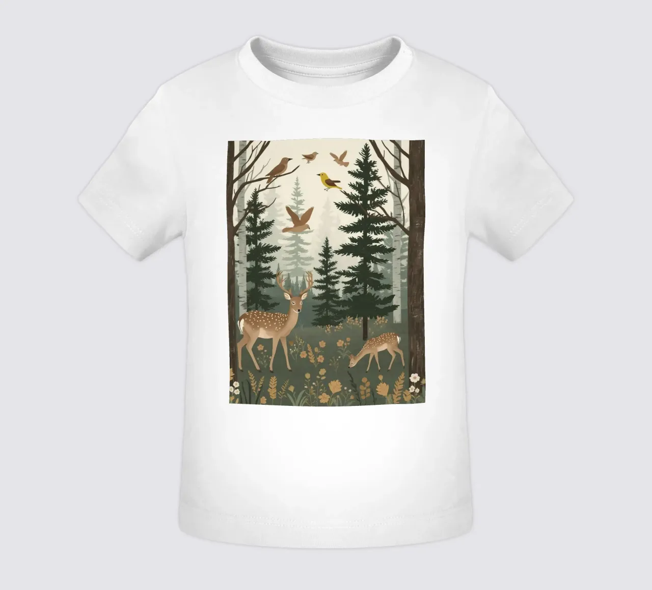 Raffigurazione di due cervi con uccelli in volo in una foresta maglietta neonato da DesignDoodle