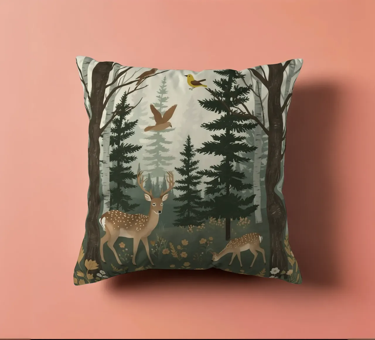 Raffigurazione di due cervi con uccelli in volo in una foresta cuscino da DesignDoodle