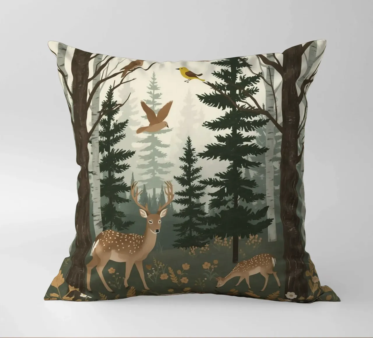 Raffigurazione di due cervi con uccelli in volo in una foresta cuscino da DesignDoodle