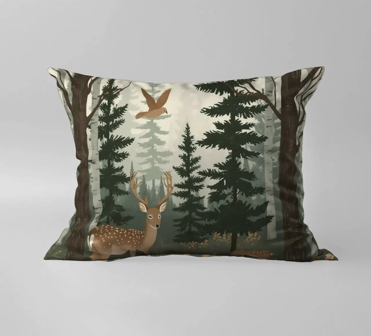 Raffigurazione di due cervi con uccelli in volo in una foresta cuscino da DesignDoodle