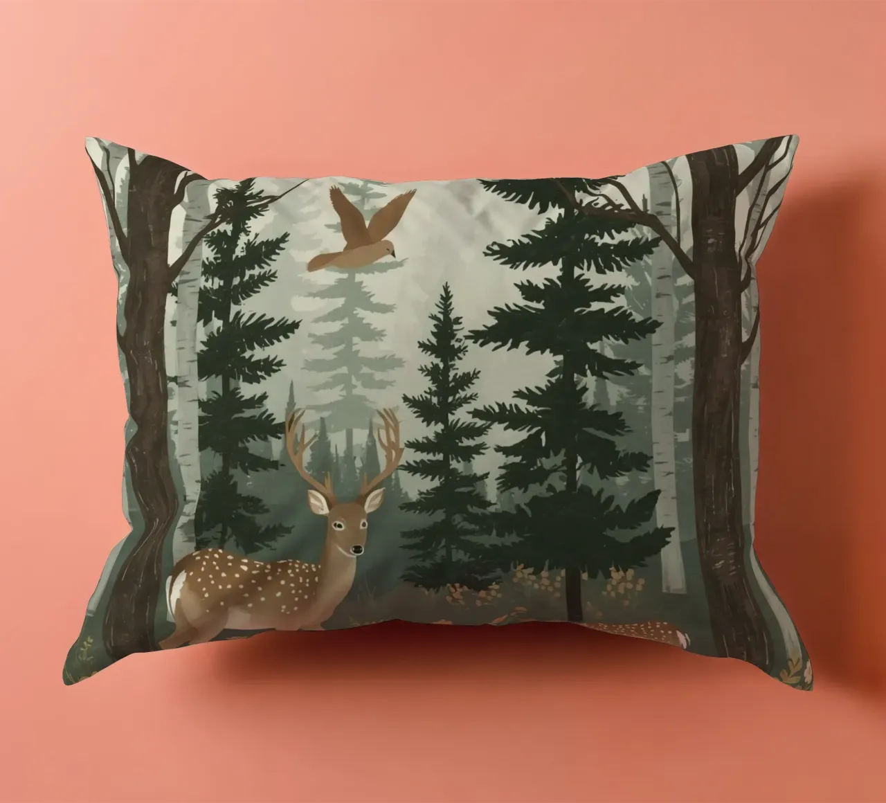 Raffigurazione di due cervi con uccelli in volo in una foresta cuscino da DesignDoodle