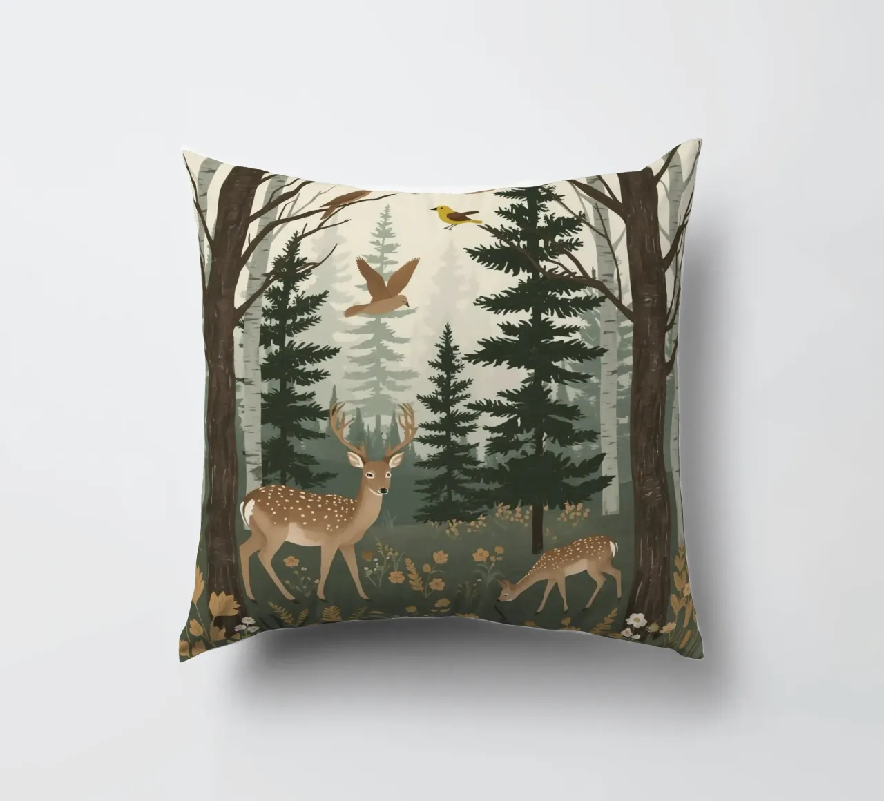 Raffigurazione di due cervi con uccelli in volo in una foresta cuscino da DesignDoodle
