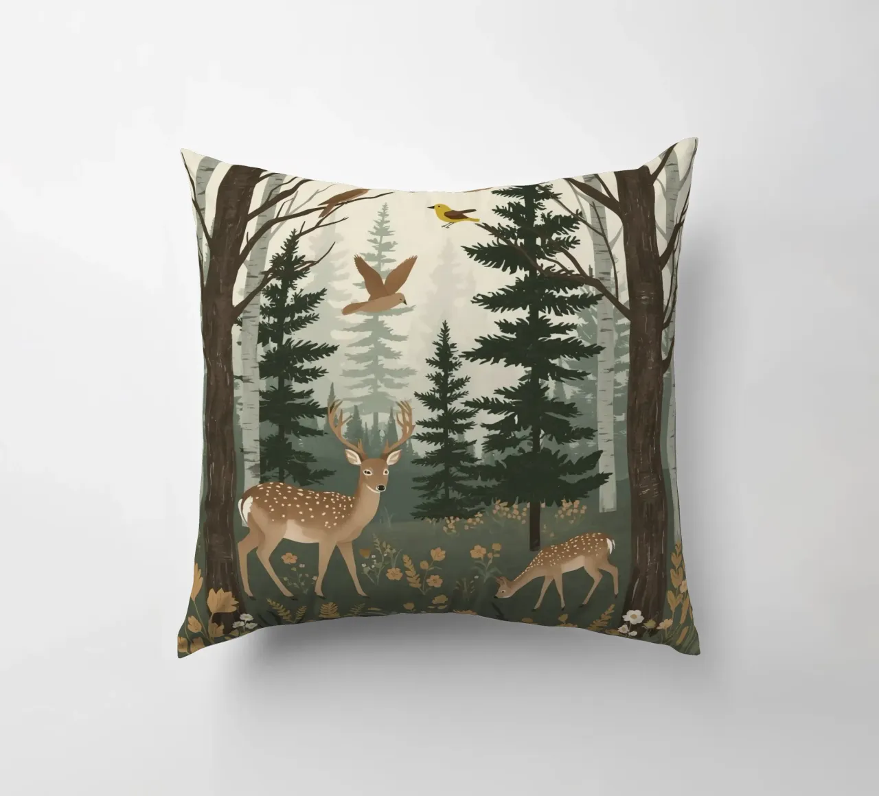 Raffigurazione di due cervi con uccelli in volo in una foresta cuscino da DesignDoodle